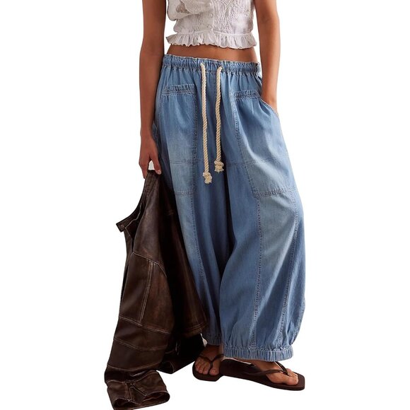 Women Loose Fit Cotton Denim Jeans Casual Wide Leg Drawstring Pants
